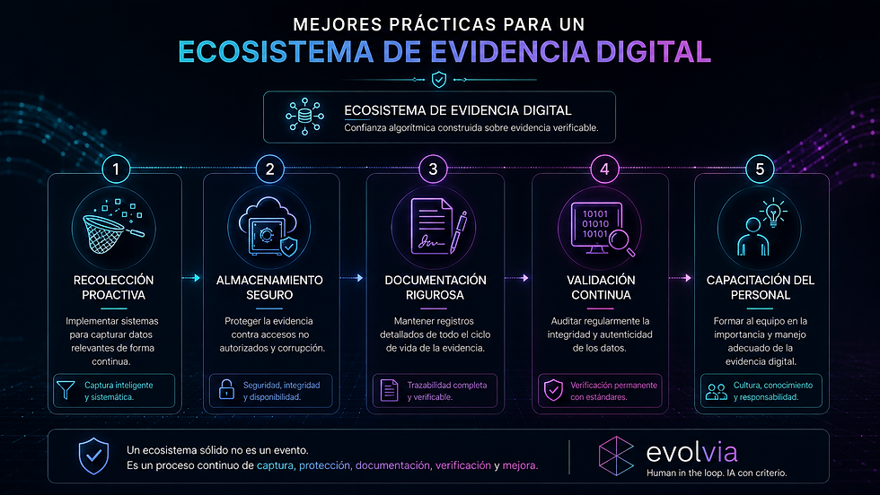 Infografía de EvolvIA con cinco prácticas para construir un ecosistema de evidencia digital: recolección, almacenamiento, documentación, validación y capacitación.