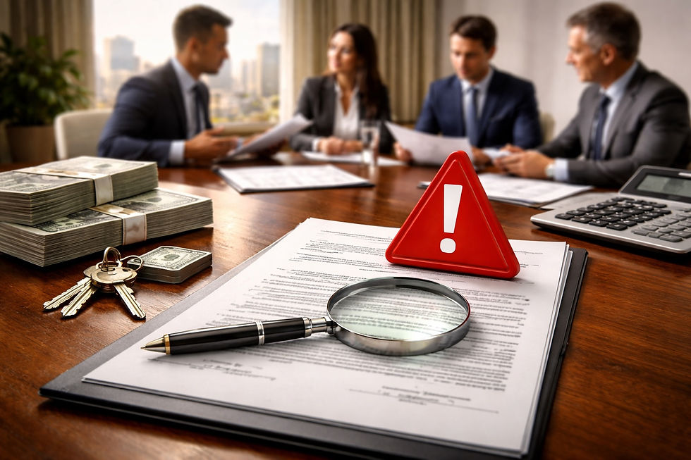 Documento inmobiliario con una lupa y un símbolo de advertencia sobre una mesa, acompañado de dinero, llaves y una calculadora, mientras un equipo analiza papeles al fondo, representando la revisión de riesgos y cláusulas en una transacción inmobiliaria.