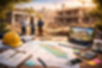 Escena conceptual de gestión de obra con planos arquitectónicos y cronograma sobre mesa, casco de seguridad y herramientas en primer plano, mientras arquitectos y profesionales supervisan una construcción en progreso con estructura y grúas al fondo, representando las distintas etapas del proceso de remodelación.