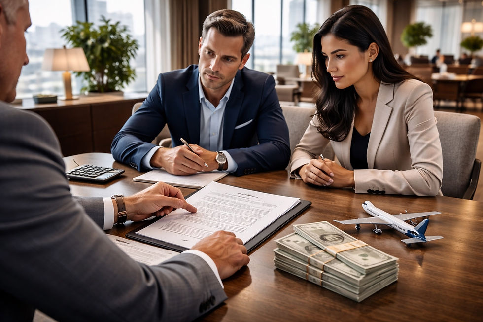 Ejecutivos y asesor inmobiliario revisando un contrato de arrendamiento en oficina moderna, con elementos financieros y de negociación que representan flexibilidad contractual en renta corporativa.