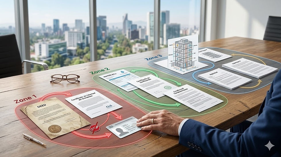Diagrama conceptual de un proceso de due diligence inmobiliario en tres fases (viabilidad, auditoría y cierre) para optimizar la seguridad de la inversión.