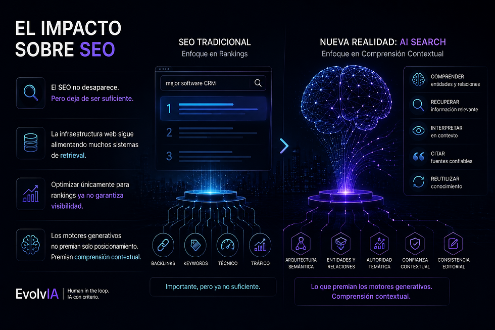 Infografía comparativa entre SEO tradicional y AI Search que muestra la transición desde rankings, keywords y backlinks hacia comprensión contextual, entidades, autoridad temática y confianza contextual en motores generativos.