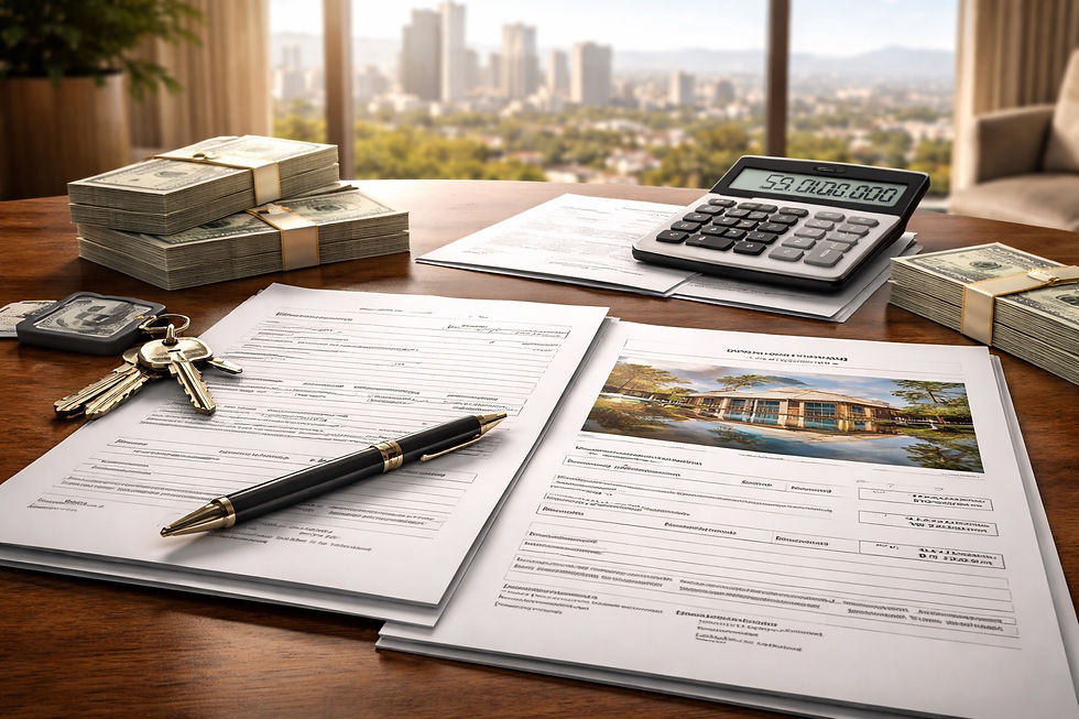 Documentos inmobiliarios, pluma elegante, llaves y una calculadora sobre una mesa en una oficina con vista urbana, representando la definición del precio y la estructura de pagos en la compra de una propiedad de lujo.