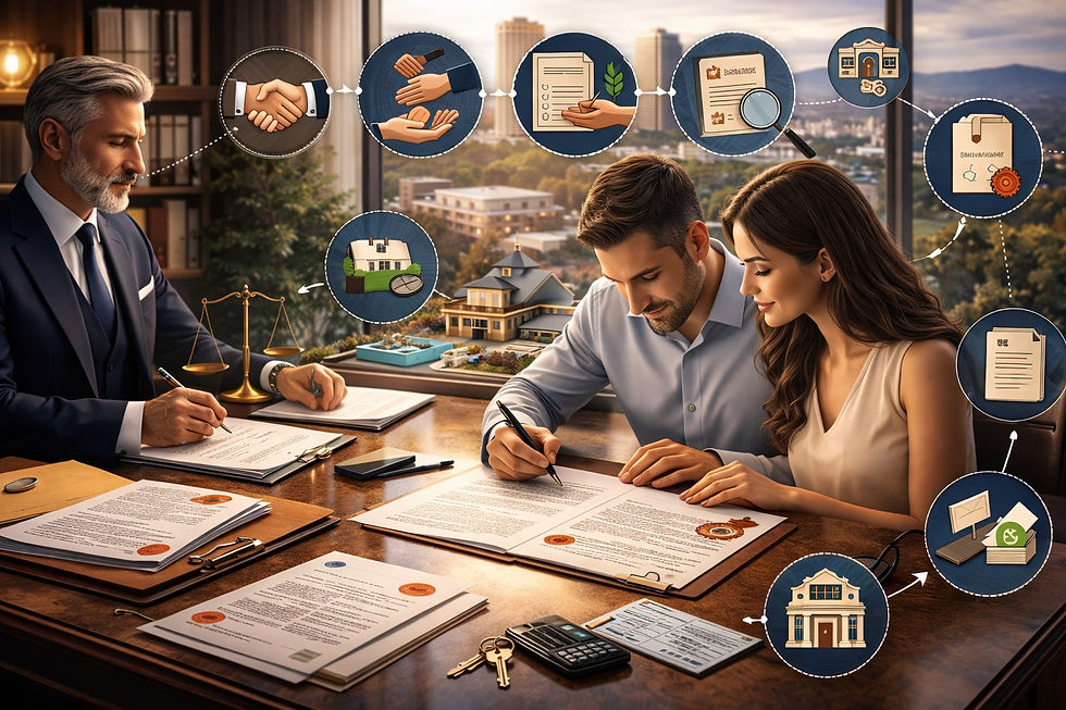 Escena conceptual de operación inmobiliaria donde un asesor y comprador revisan documentos y realizan firma en oficina moderna, con elementos que representan el proceso legal completo hasta la adquisición formal de una propiedad.