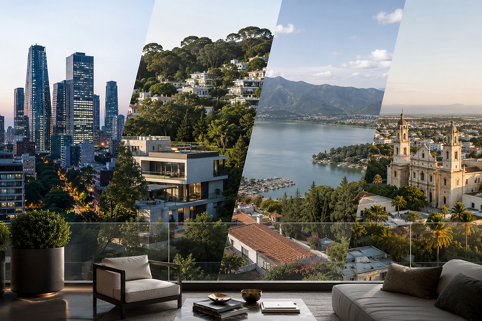 Vista panorámica que integra mercados inmobiliarios premium de México, con residencias de lujo, entorno urbano, naturaleza y destinos de alta calidad de vida, representando opciones para inversión patrimonial y vivienda de alto nivel.