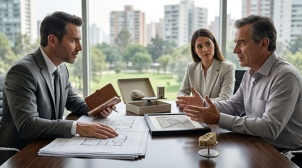 Analista legal en Ciudad de México realizando una entrevista crítica a vendedores sobre planos arquitectónicos para validar una inversión inmobiliaria de lujo.