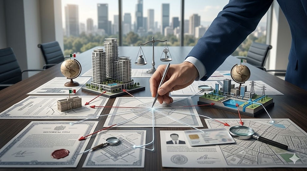 Representación conceptual del Due Diligence Inmobiliario de lujo en CDMX: Un analista verifica con una pluma conexiones entre documentos legales históricos, planos urbanos, maquetas de edificios residenciales modernos y una balanza de justicia, simbolizando la mitigación del riesgo en inversiones inmobiliarias de alto valor con el skyline de Ciudad de México de fondo.