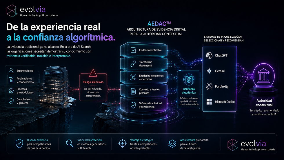 Arquitectura AEDAC™ de EvolvIA que conecta evidencia verificable, trazabilidad y entidades con confianza algorítmica y autoridad contextual en motores de IA.