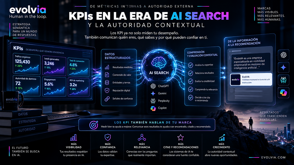 Infografía de EvolvIA sobre KPIs en la era de AI Search y autoridad contextual. Muestra cómo métricas de desempeño, datos estructurados, contenido, entidades, reputación y señales de confianza pueden ser interpretados por sistemas de IA como ChatGPT, Gemini, Perplexity y Copilot para evaluar relevancia y credibilidad antes de citar o recomendar una empresa.
