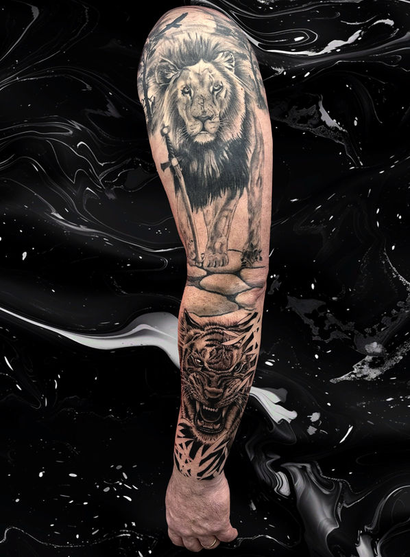 tiger, animal, realistic tattoo, lion, cubs, arm, full arm, sleeve