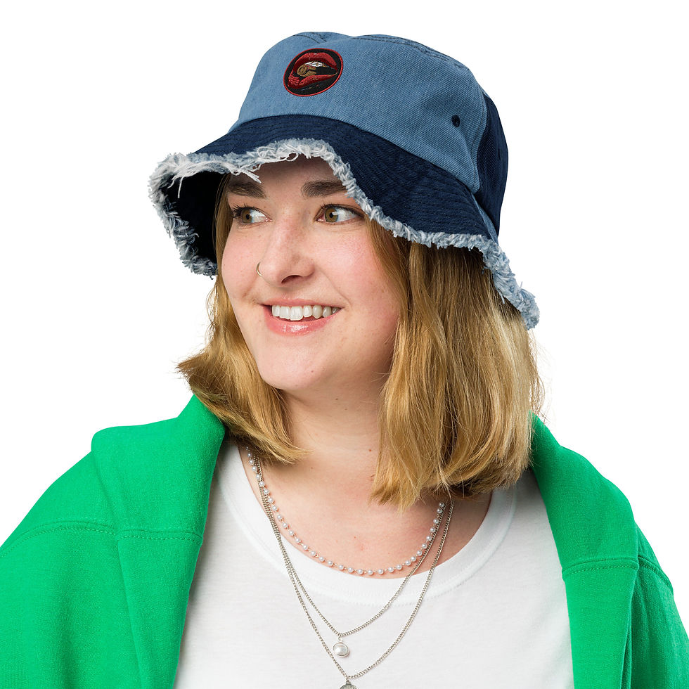 Thumbnail: Hot Lips Distressed Denim Embroidered Bucket Hat by Zaedons.