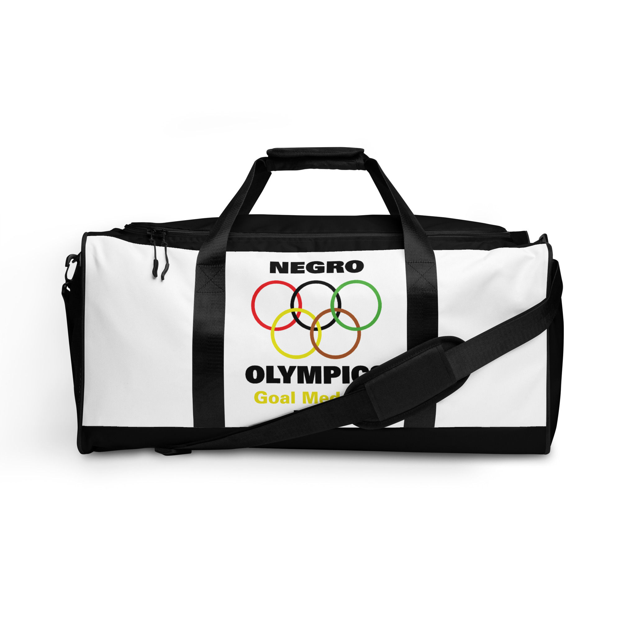 Duffle Bag Negro Olympics Dice Gold featuring Olympic rings and bold branding.