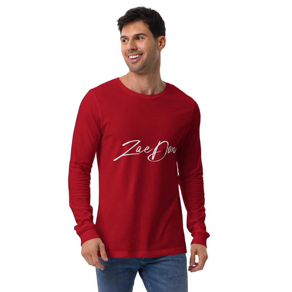 Thumbnail: Shop Mens Long Sleeve T Shirt ZaeDon Print Dark Colors White. Bold white signature logo on dark long sleeve tee — performance
