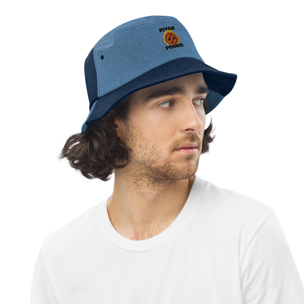 Thumbnail: Bucket Hat Denim Light Tones BLK Fiyah Foods Embroidered
