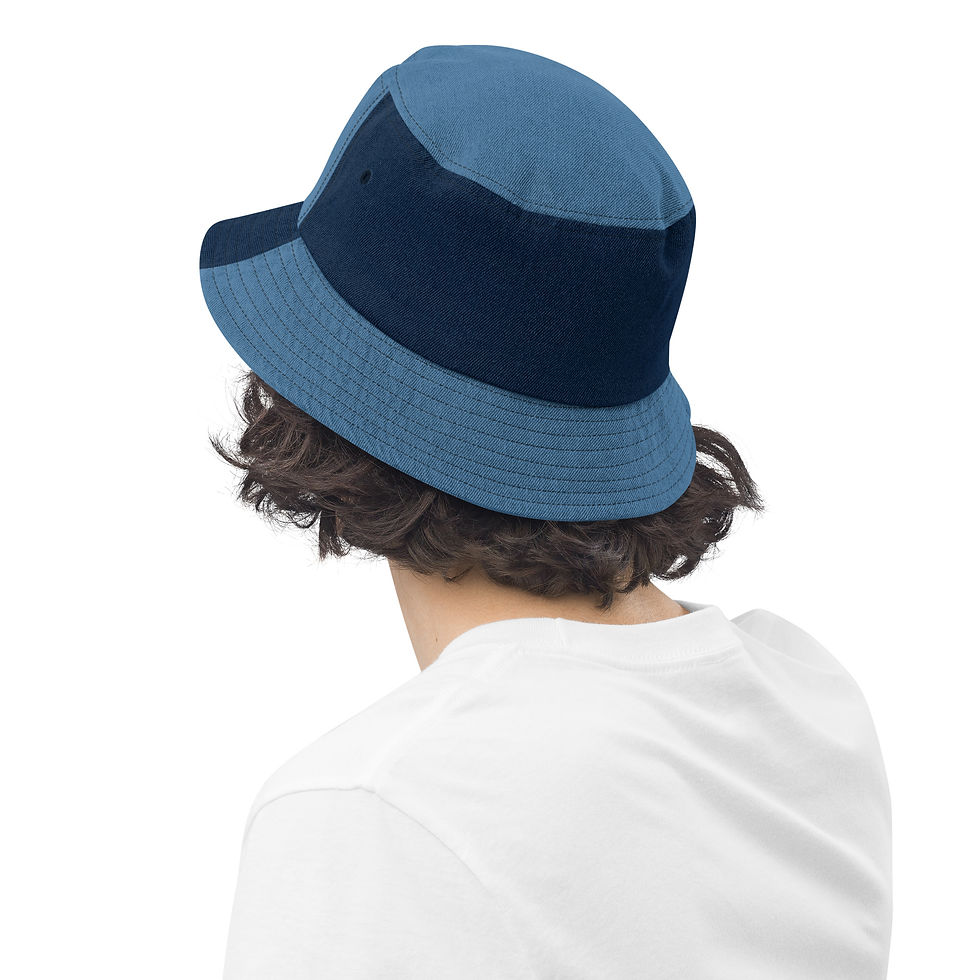 Thumbnail: Denim dark toned bucket hat with white ZaeDon logo embroidery