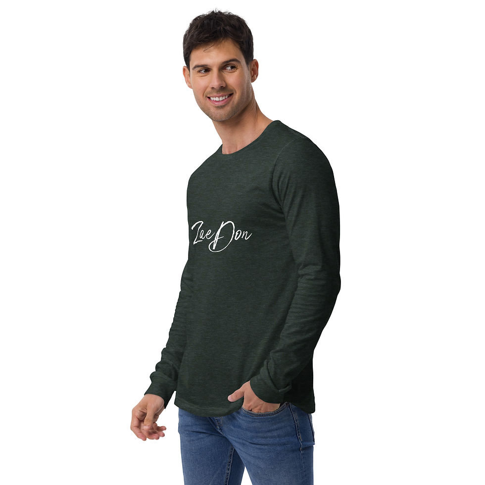 Thumbnail: Shop Mens Long Sleeve T Shirt ZaeDon Print Dark Colors White. Bold white signature logo on dark long sleeve tee — performance