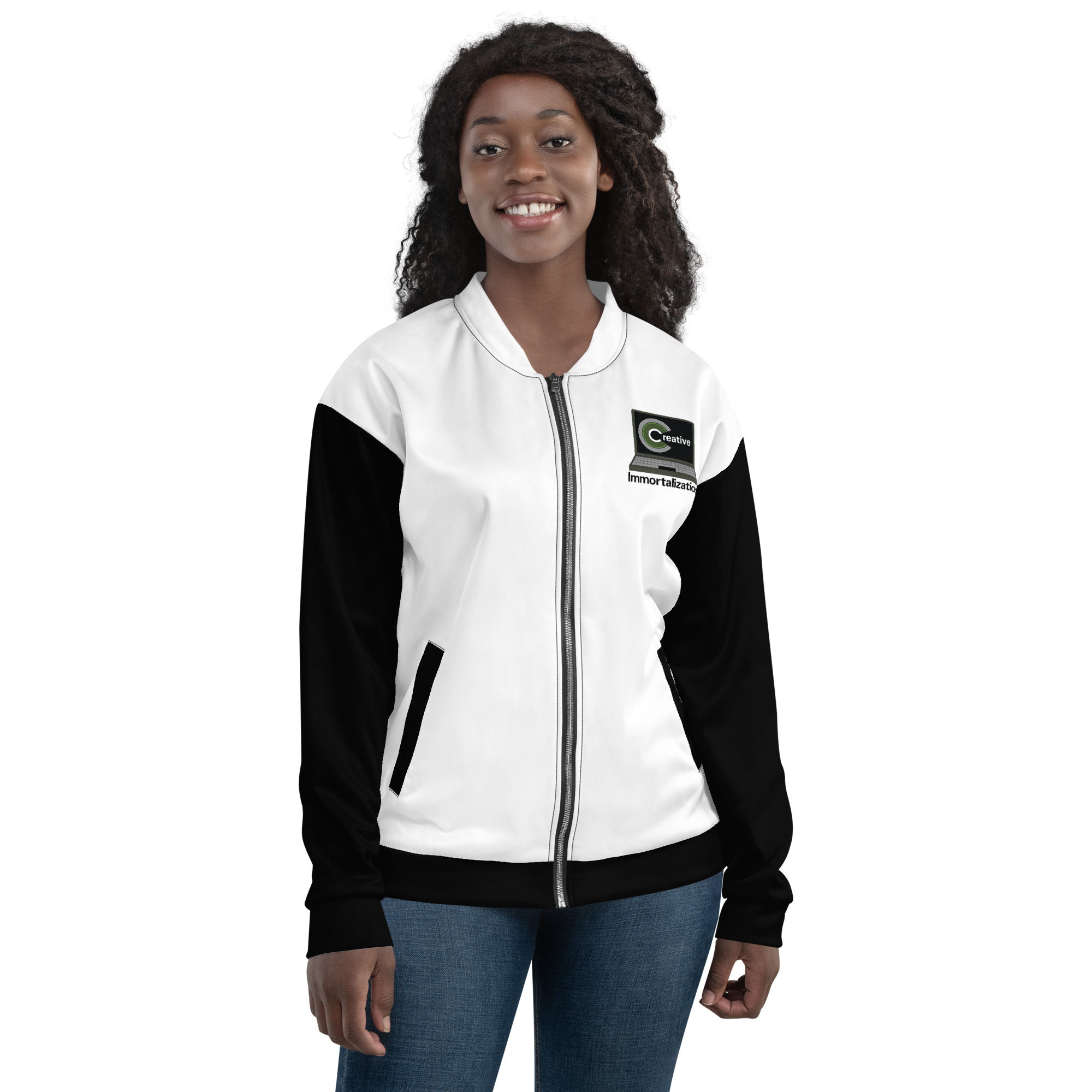 Jacket Bomber White & Black Womens BLK Creative Immortalization