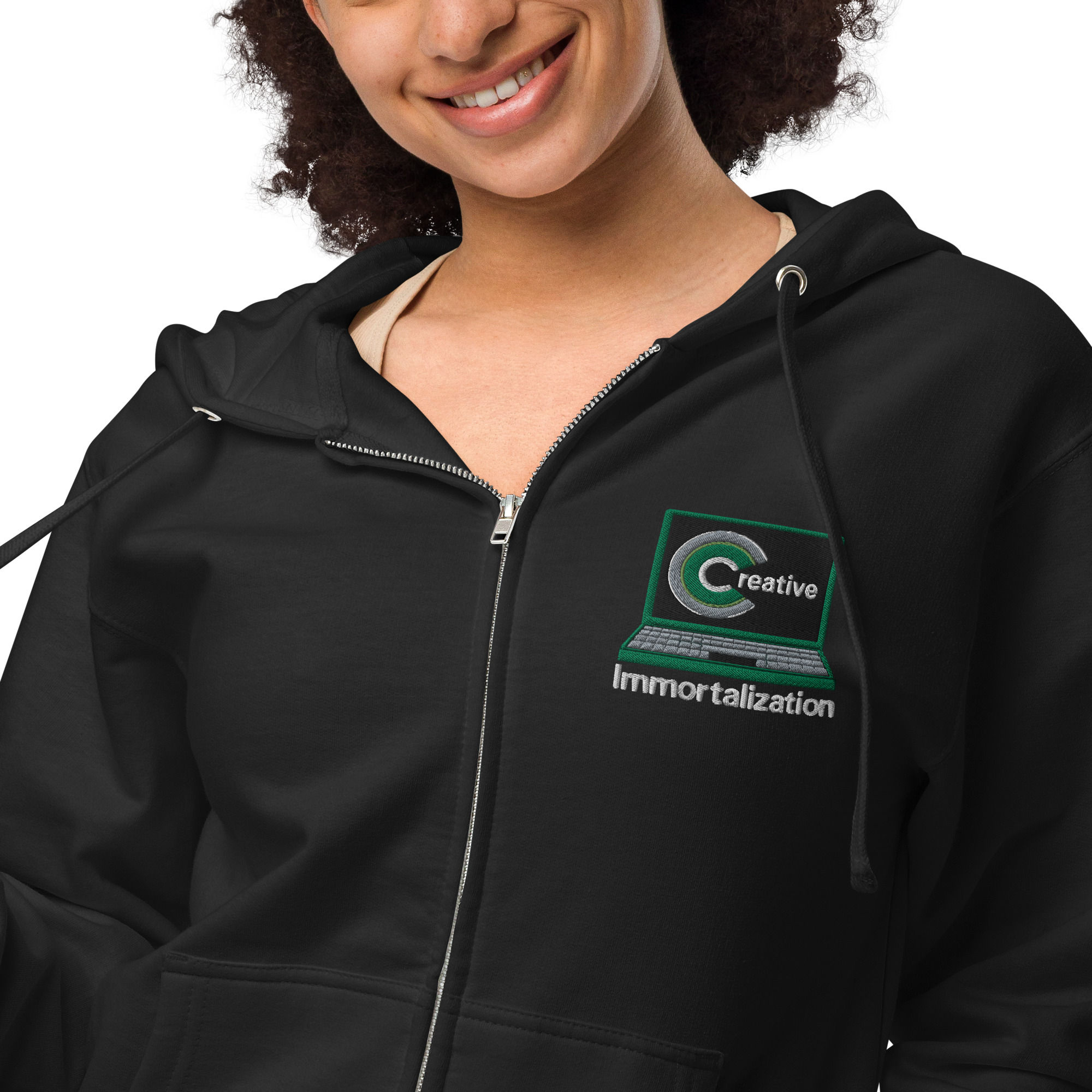 Hoodie Womens Dark Color Zip Up Fleece WHT Creative Immortalization Embroidered