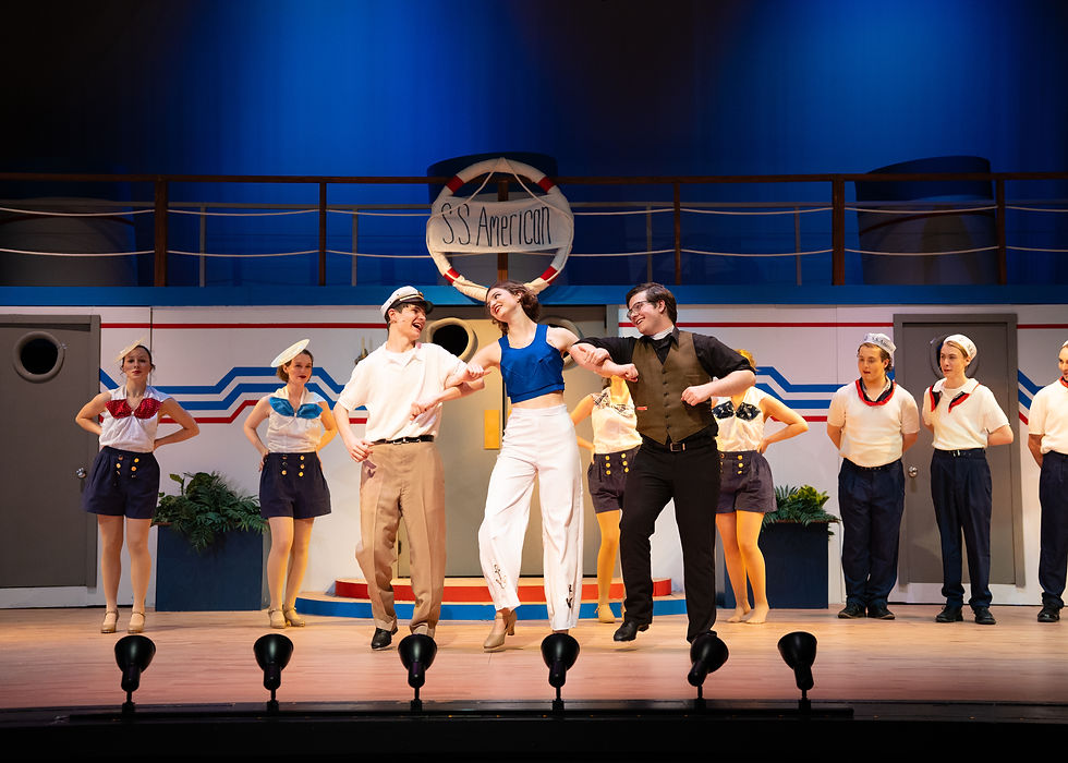 "Anything Goes!" Reno Sweeney (Lydia Wright) leads the Company of Mercy McAuley’s production of Anything Goes in the title song alongside Billy Crocker (Henry Weghorst) and Moonface Martin (Clark Sayre). Photo: Grace Markus.