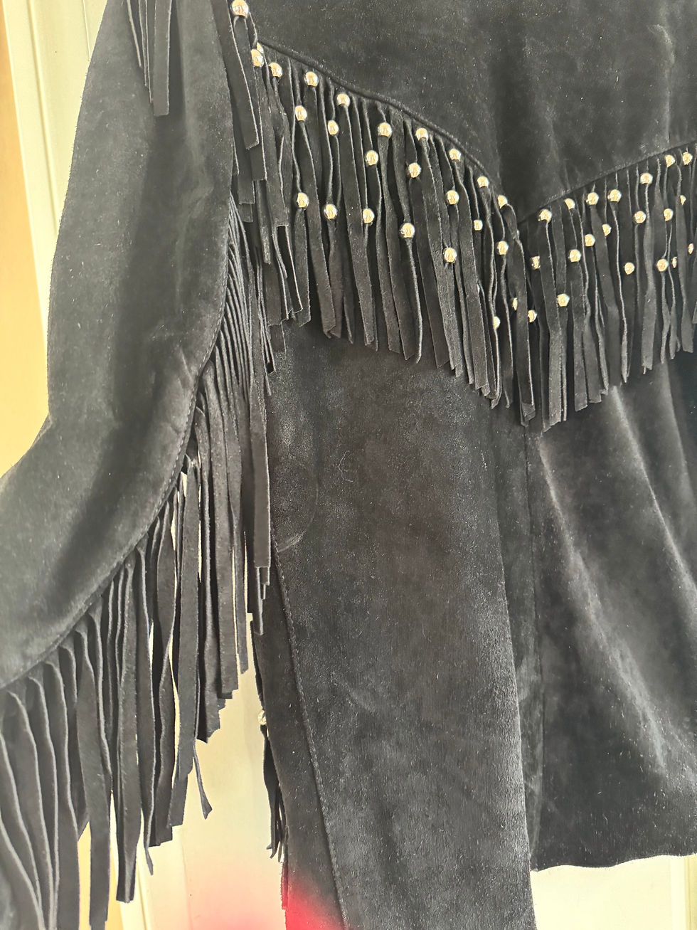 Thumbnail: Custom Hand Beaded Fringe Black Suede Jacket 70’s/80’s Vintage 