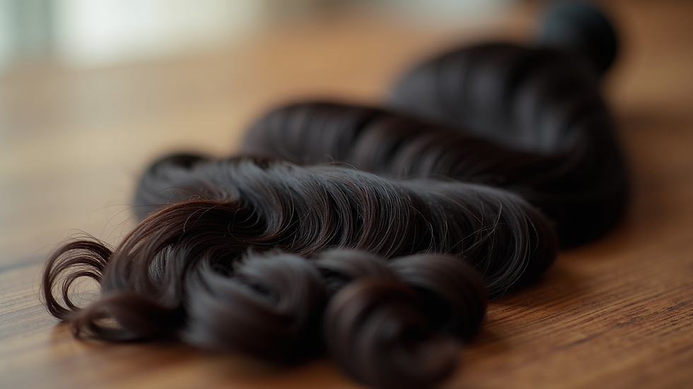Eye-level view of loose wavy virgin hair bundle