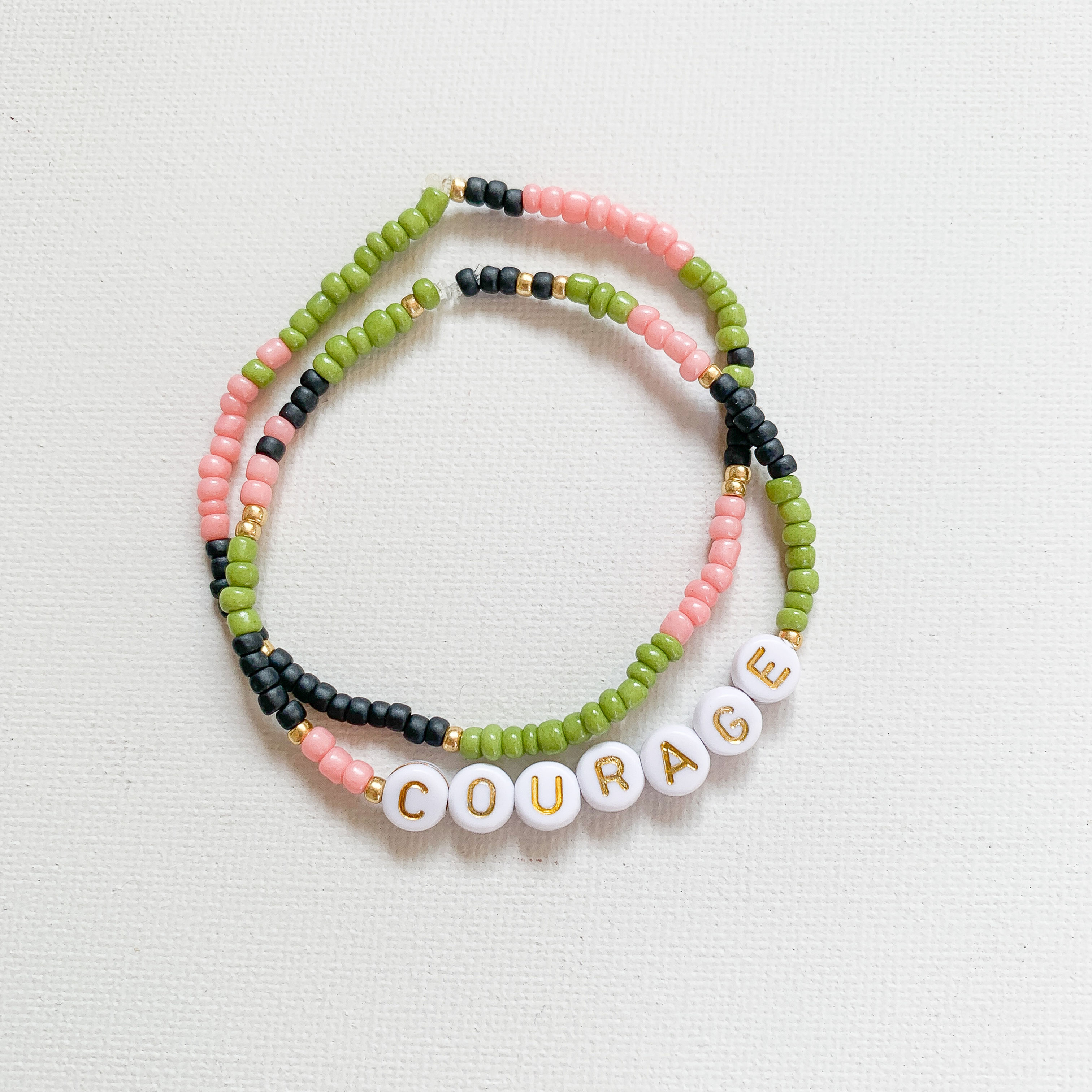 2-fach Armband "COURAGE", rosa/grün/schwarz/gold