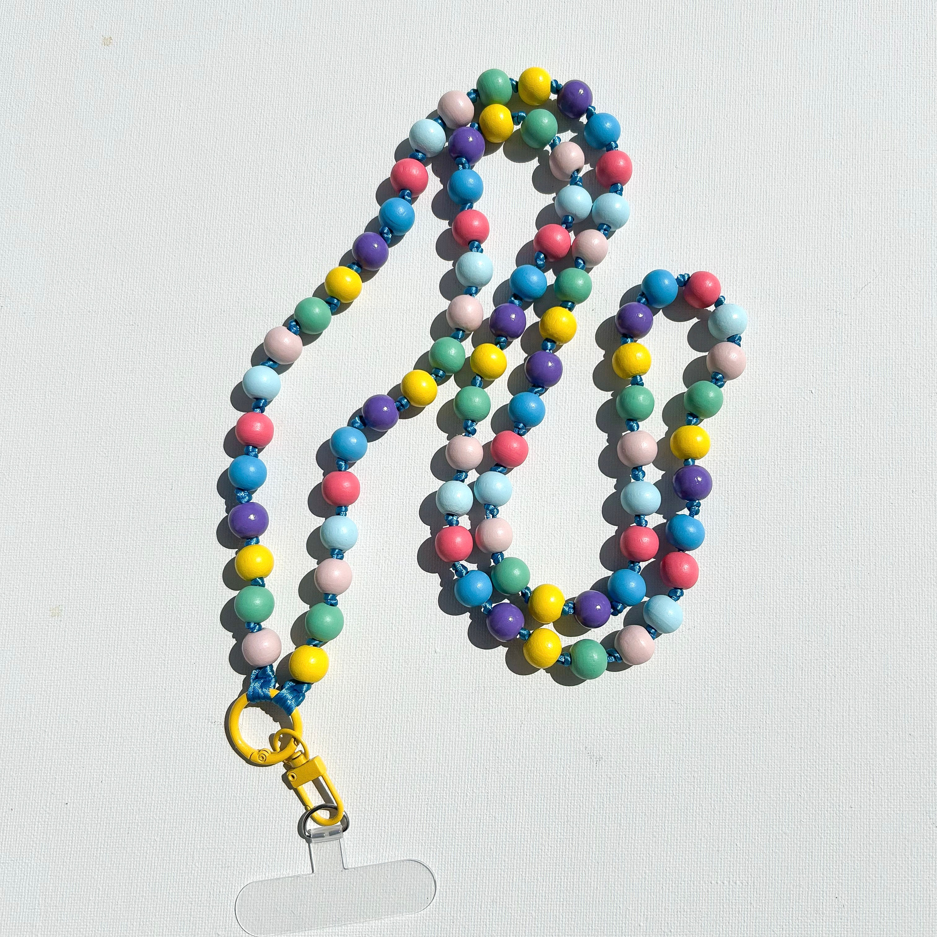 Handykette  bunte Holzperlen / blaues Satinband