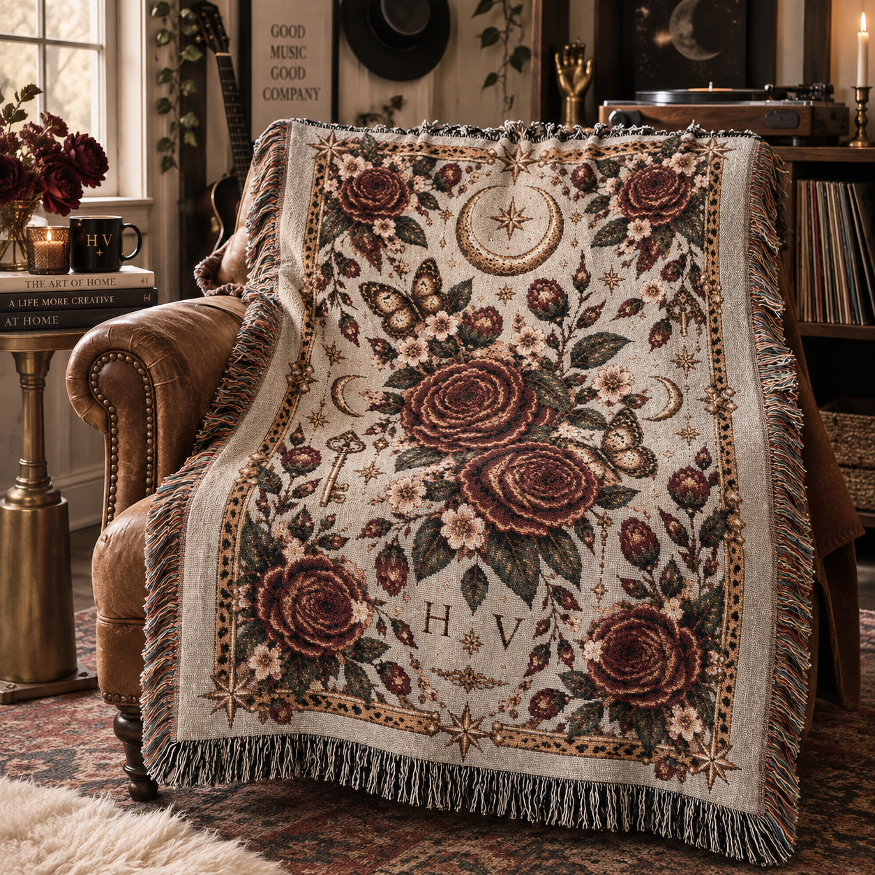 Vintage Rose Woven Blanket — Floral Tapestry Throw for Living Room & Gift