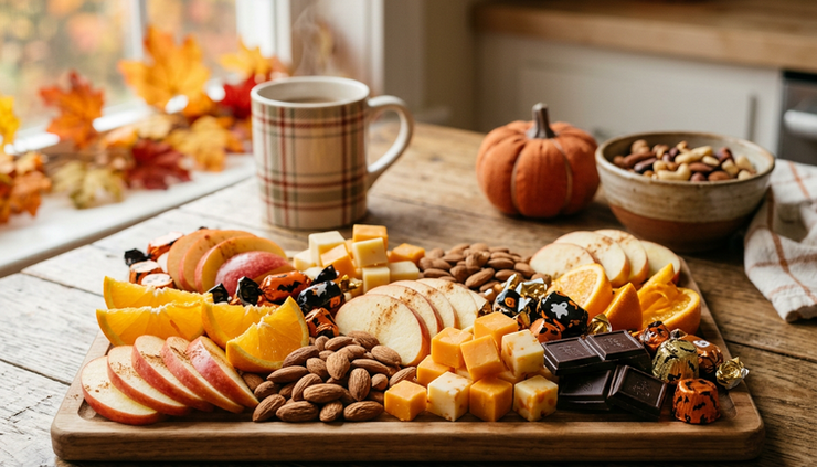 Eye-level view of a Halloween snack board with fruit, nuts, cheese, dark chocolate, and small candy portions.