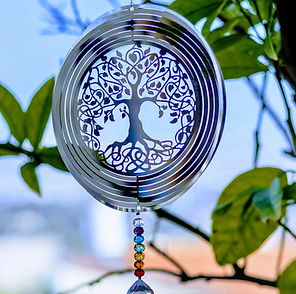 "Tree of Life wind spinner and chakra crystal pendant, symbolizing energy, balance, and spiritual growth in holistic life coaching
