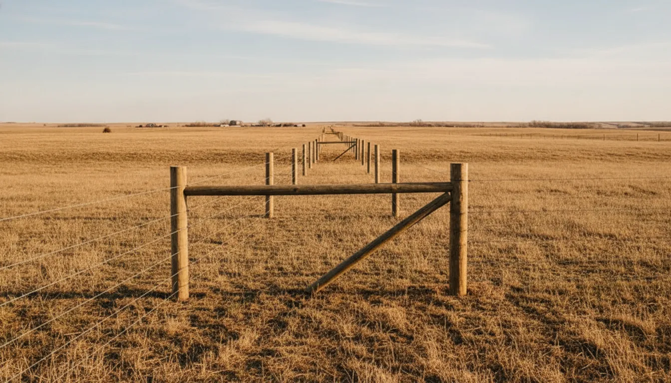 Tensioned barbwire fence with corner bracing across Nebraska pastureland