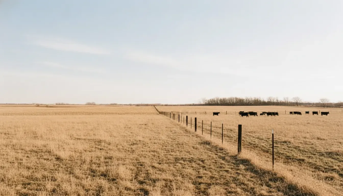 Long rectangular Nebraska pasture divided by an interior cross-fence