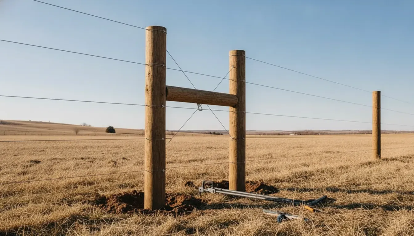 H-brace and taut hi-tensile wire supporting a Nebraska pasture fence