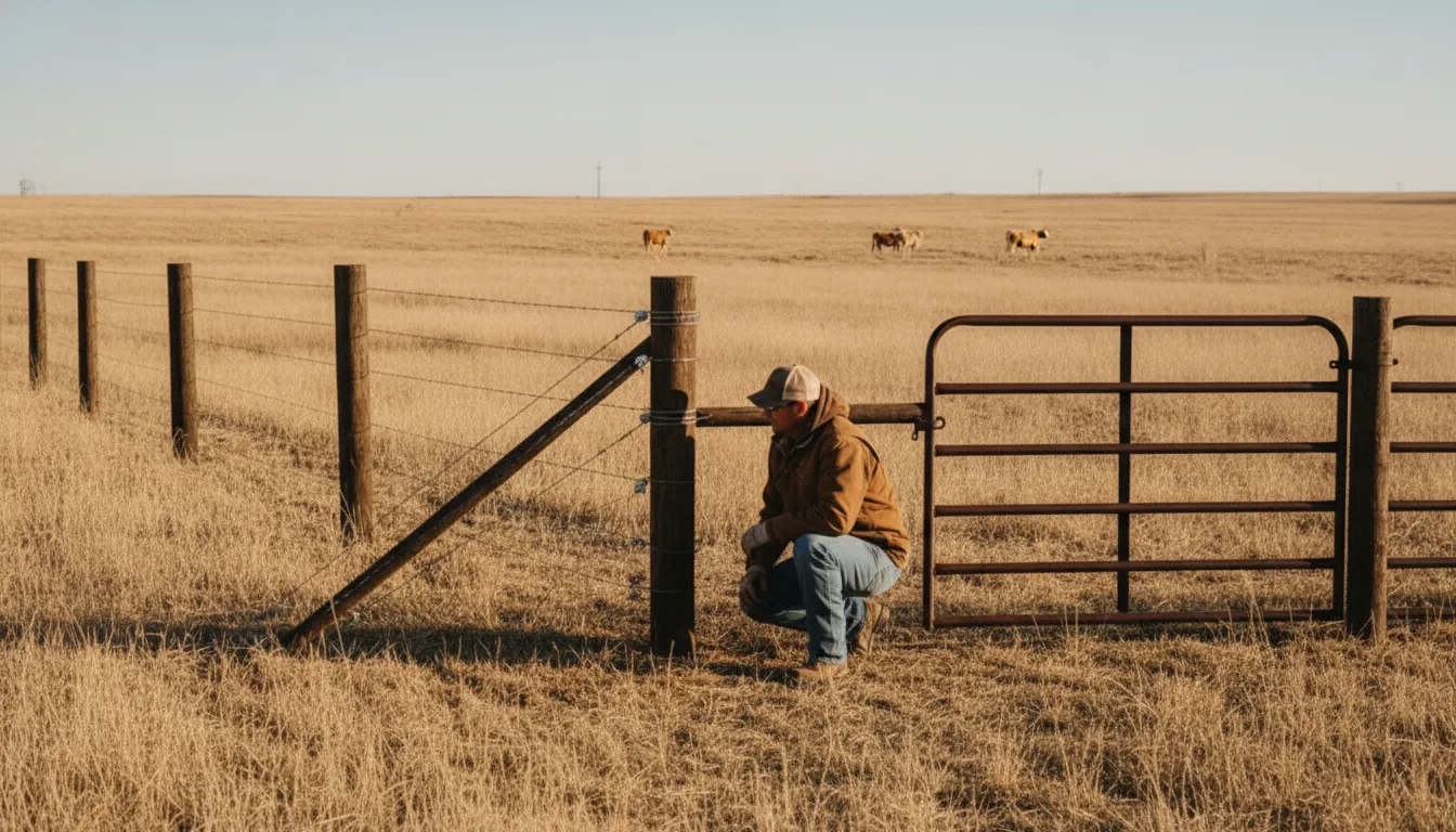 Rancher inspecting a braced barbwire fence corner in Nebraska