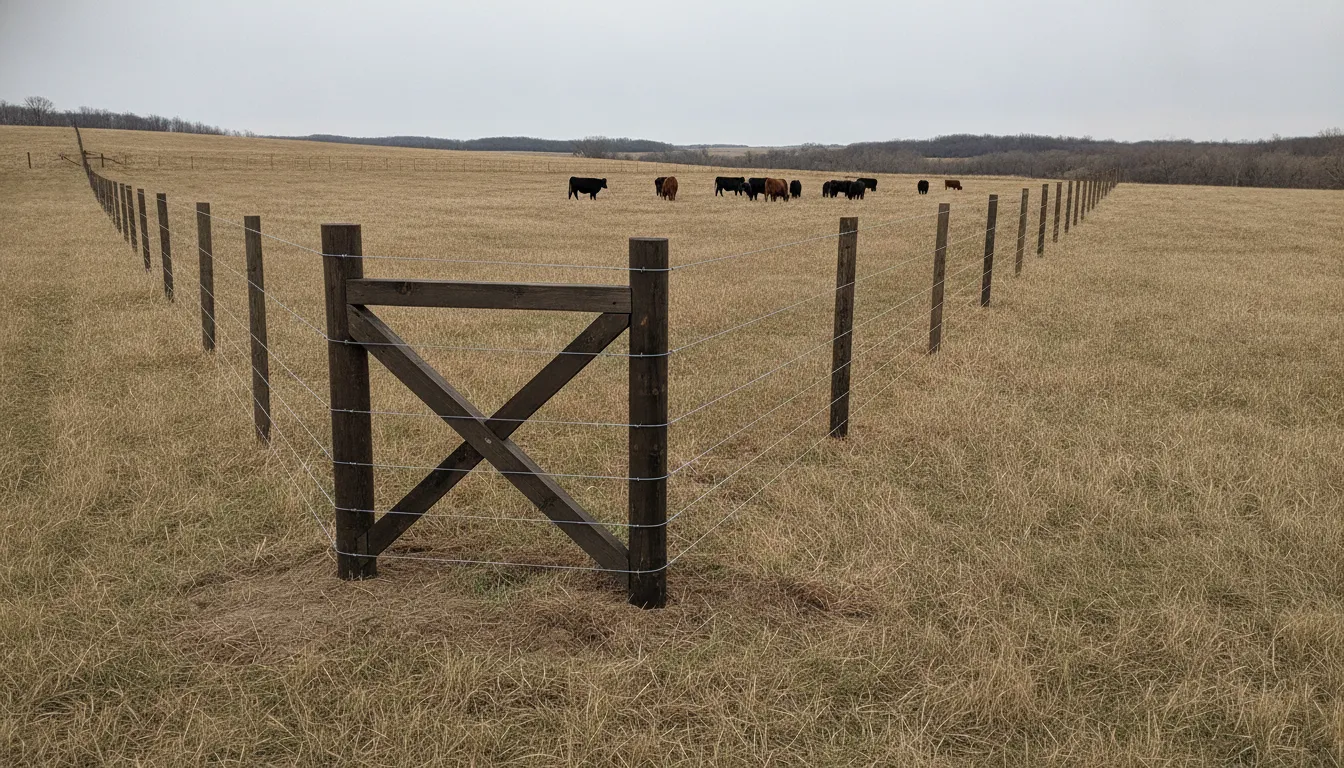 Braced hi-tensile fence line beside a Nebraska cattle pasture