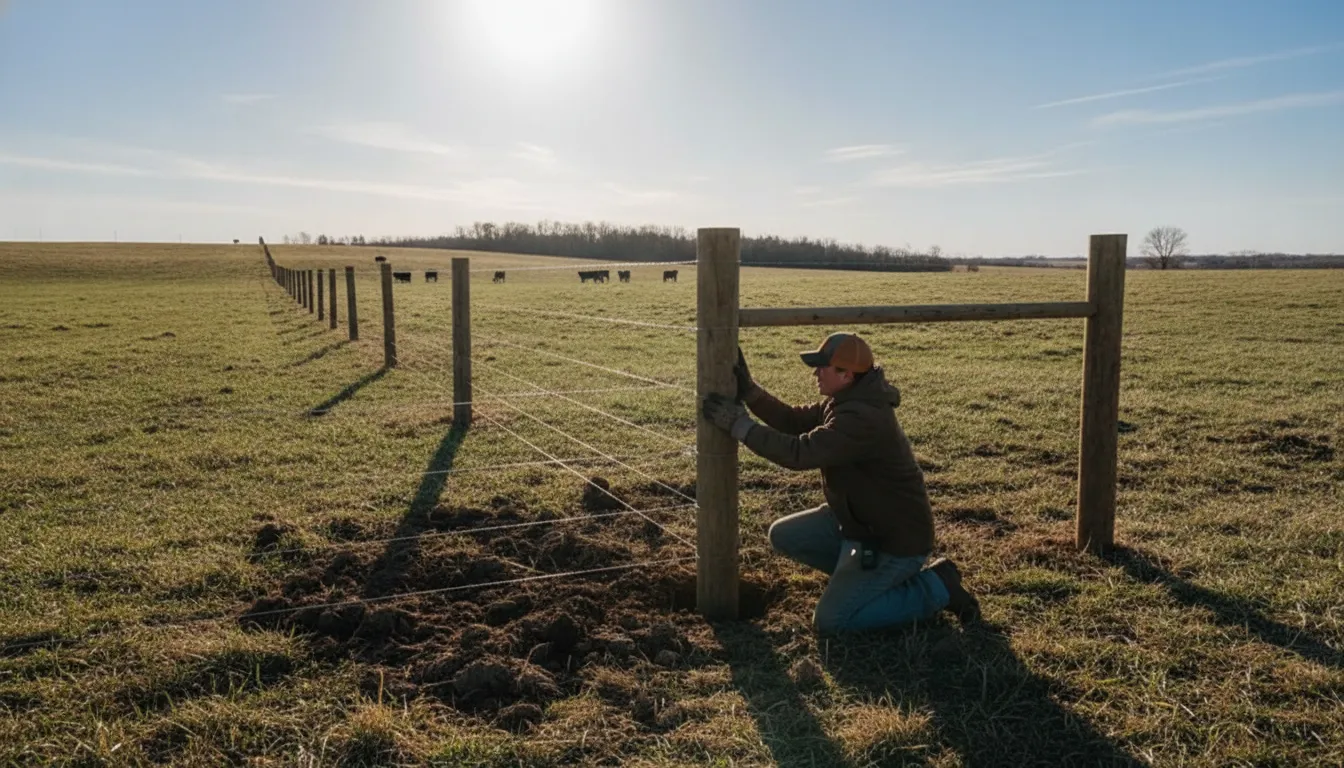 Worker checking a freshly set fence post and brace on Nebraska farmland