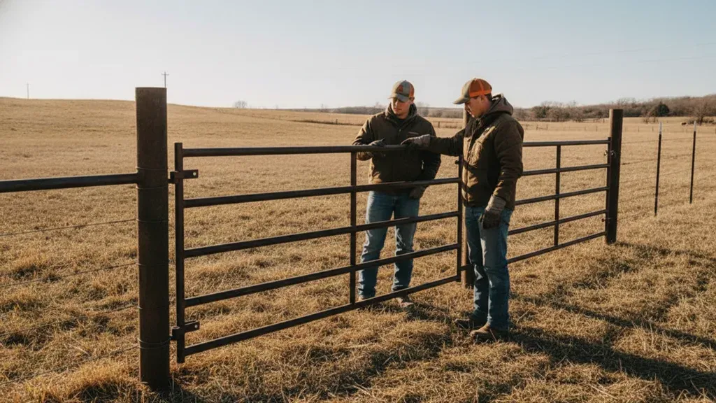 Ranchers inspecting a custom cattle corral gate and hinge in Nebraska