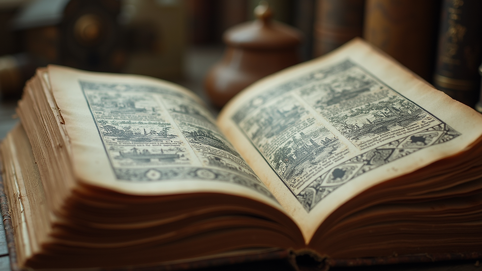 Close-up view of an ancient book with folklore stories and illustrations