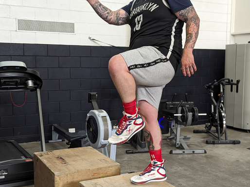Client at MBS Fitness doing step-ups on a plyometric box as part of a circuit training session to build lower body strength and fitness.