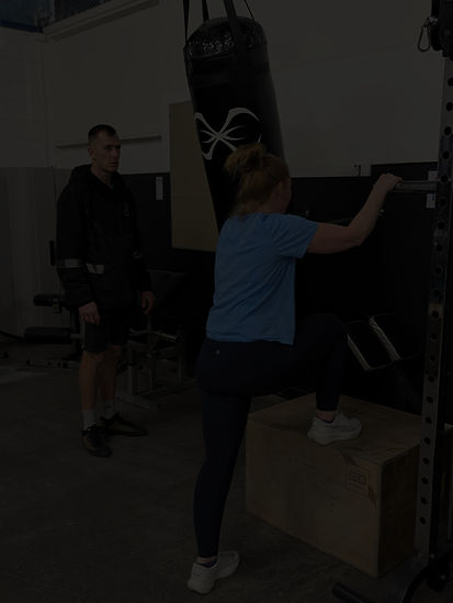 MBS Fitness coach guiding a client through plyo box step-ups to build strength, coordination.