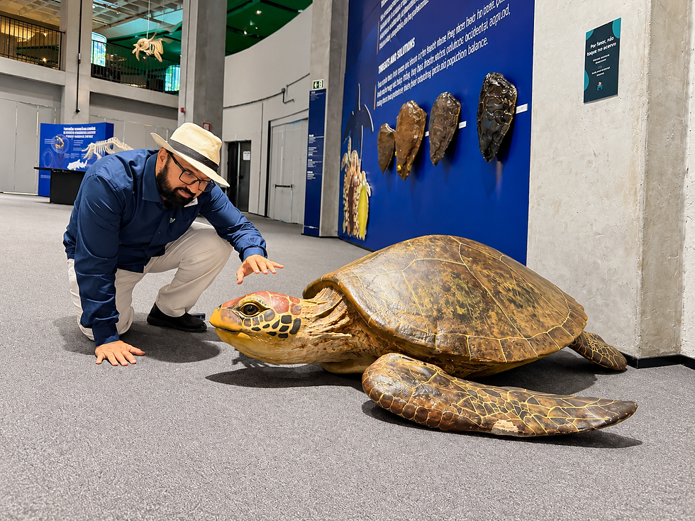 Anderson agachado ao lado de uma grande representação de tartaruga marinha em uma área expositiva do AquaFoz.