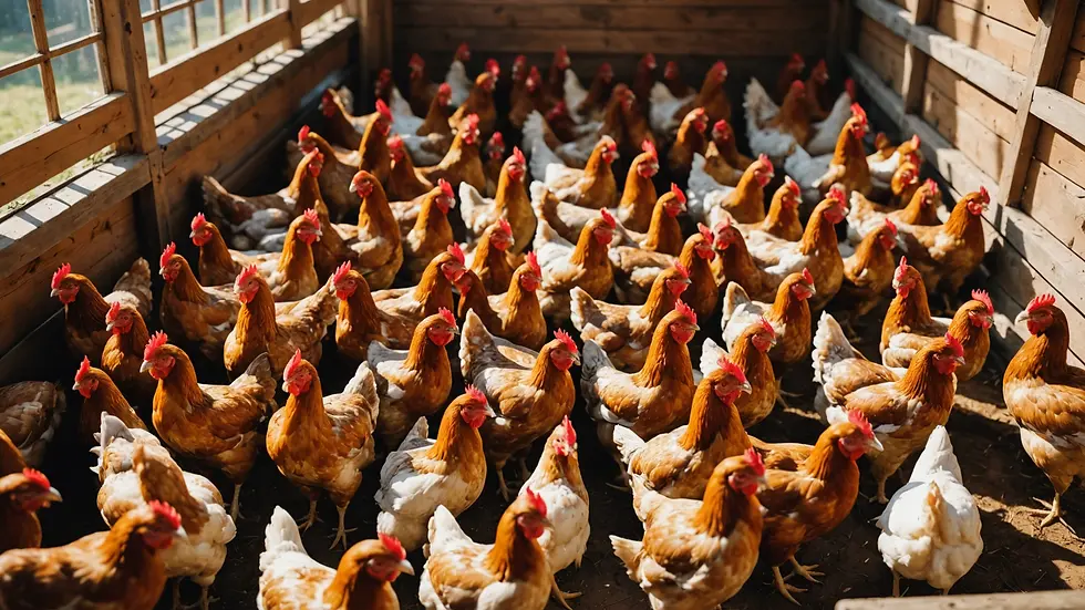 High angle view of a coop filled with relaxed chickens
