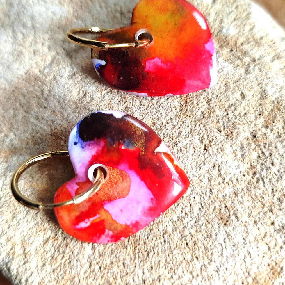 Miniature : Boucles d'oreilles" Cœurs gros" en aquarelle-multicolore