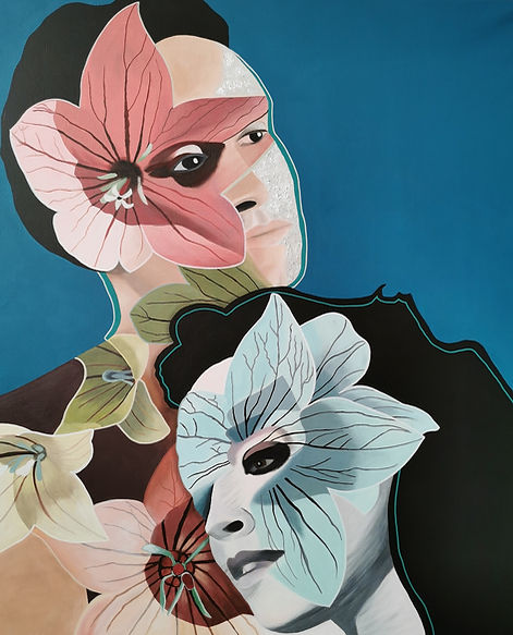 Peinture contemporaine – couple enlacé, la tête de la femme reposant sur le torse de l’homme, corps traversés et emplis de fleurs, métaphore de l’abandon et de la tendresse, série Human nature / Contemporary painting – embracing couple, woman’s head resting on man’s chest, bodies filled with flowers, metaphor of surrender and tenderness, Human nature series