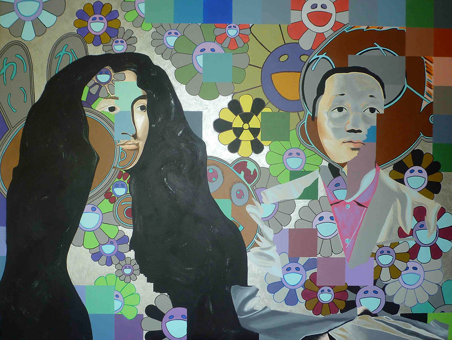 Tu penses que le gros lapin rose serait mieux dans la galerie des glaces ? - Série Passé au futur - Femme Artiste peintre contemporaine Caroline David - Achat de tableau - achat de peinture - Art contemporain - comtemporary artist - emerging artist - contemporary woman artist - Artiste émergente - artiste contemporaine émergente