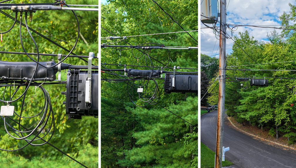 Aerial Drone Closeup (Zoomed-in) Inspection Residential Photography Imagery of Electrical Junction Aerial Wiring Interconnects and Hookups