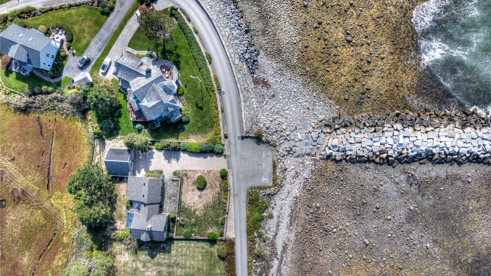 Aerial Drone HDR Imagery of Seashore Island Homes Breakwater New Hampshire