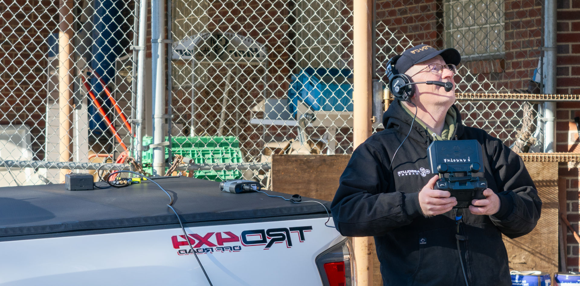 Out in the field with Absolute Imagery - Certified UAS Drone Pilot connected to live broadcast hub - Public television