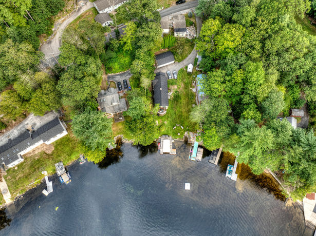 Aerial drone lakeside homes Hampstead NH Summer Season
