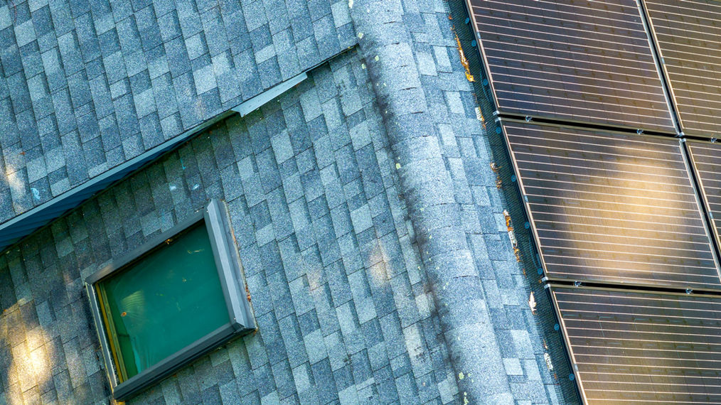 Aerial Drone Close-up Photography of Residential Roof for Inspection - Solar Panels